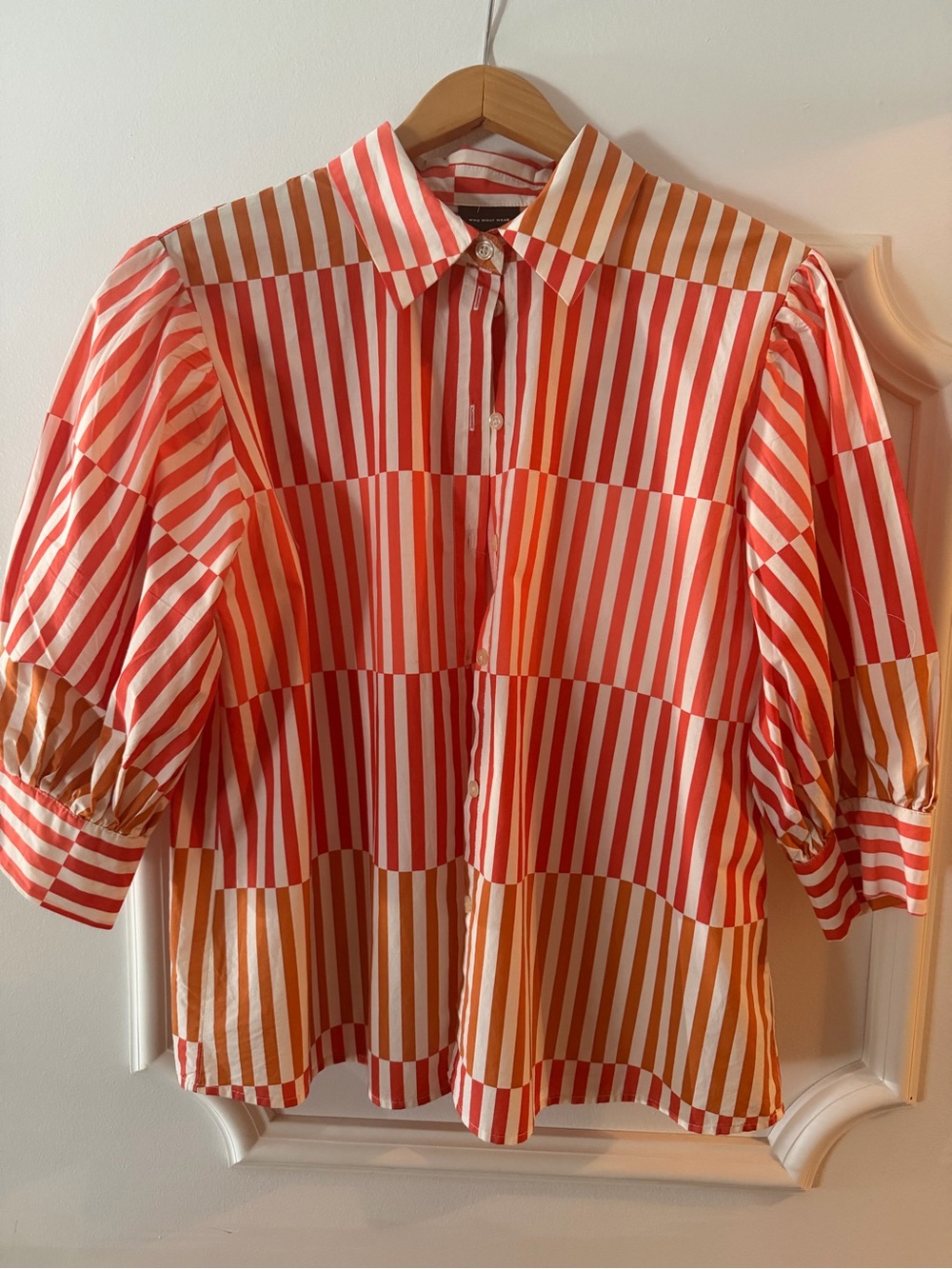 Striped Button-Front womens blouse/ Shirt with puff 3/4 cuffed sleeve